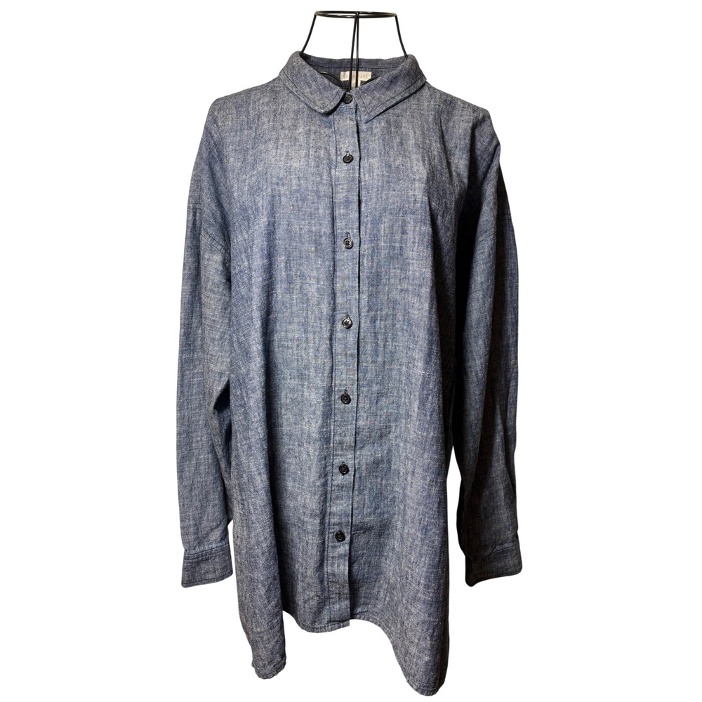 Eileen Fisher Blue Hemp Organic Cotton Button Down Shirt Tunic Womens Large